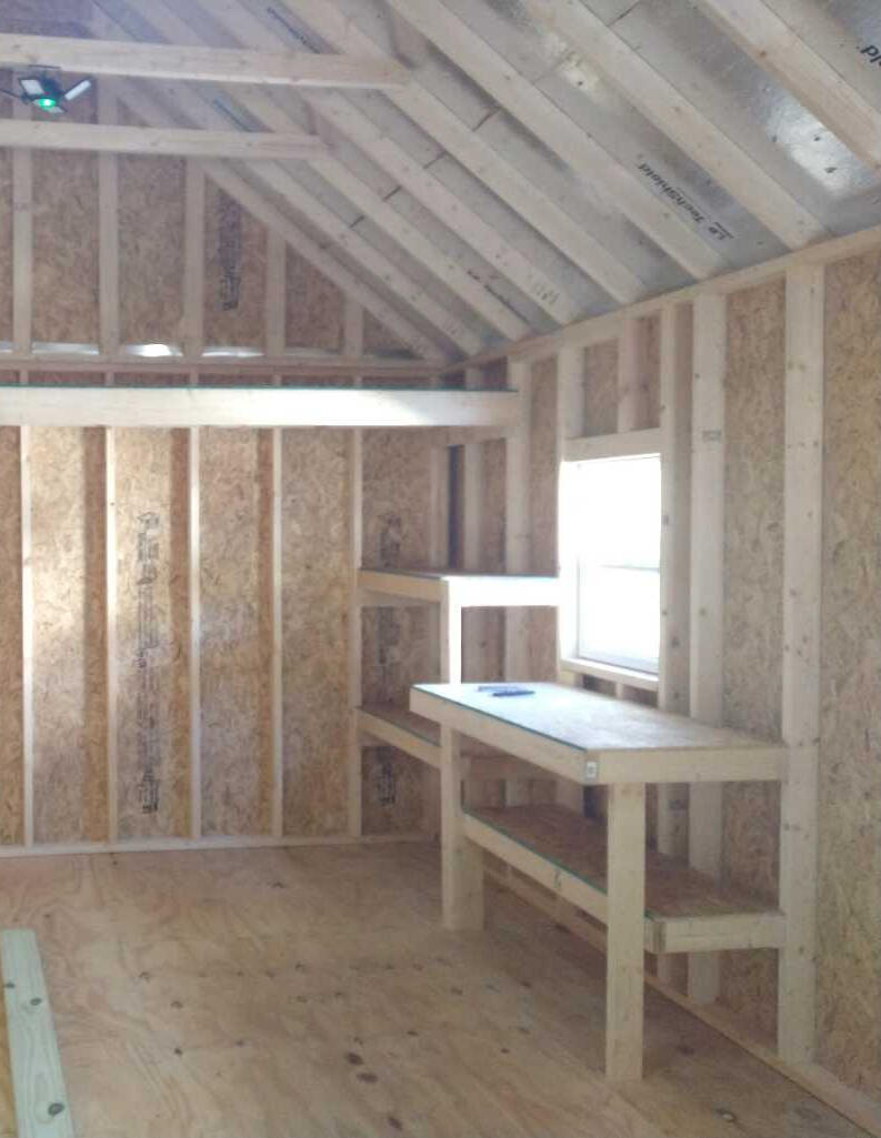 Workbench, shelves, and loft All 3 in one shed